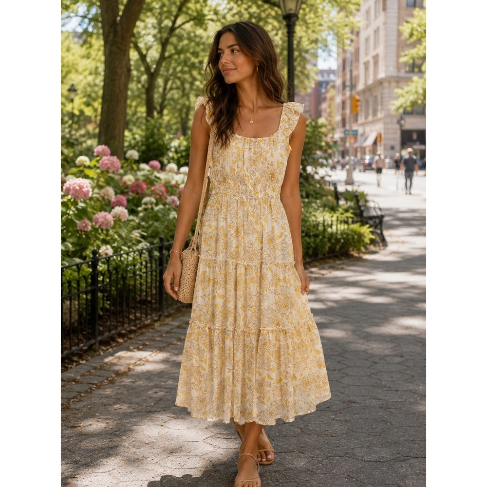 Trixxi‎ Smocked Tiered Maxi Dress Size S Floral Ruffle Boho Peasant Prairie